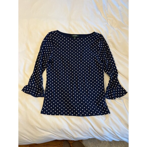Ralph Lauren LRL Polka Dot Bell 3/4 Sleeve Boat Neck Blouse Navy White Women L - Picture 1 of 7